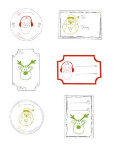 four christmas gift tags with santa's head and reindeers in red, yellow and green