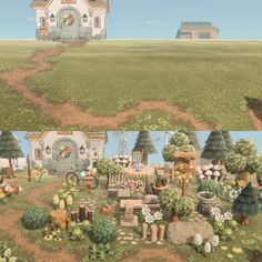 an image of a house in the middle of a field with animals and plants around it