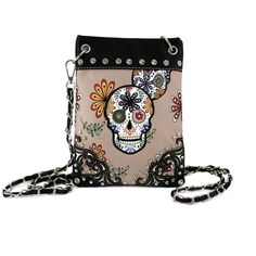 Taupe Brown Day of the Dead Crossbody Purse with Rhinestones Cocktail Bag Leopard Print Crossbody Satchel With Detachable Strap, Leopard Print Crossbody Bag With Removable Pouch, Leopard Print Shoulder Bag With Detachable Strap For On-the-go, Betsey Johnson Skull Purse, Gothic Skull-shaped Bag With Skull Print, Purple Leopard, Crossbody Purse, Day Of The Dead, The Dead