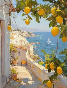 an oil painting of oranges hanging from a tree over looking the ocean and buildings