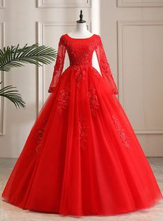 Red color is the name of gorgeous color which looks great and magnificent due to amazing look. The current dress has the ability to the seasonal favorite and famous among the ladies who are happy to have the dress of red color with unimaginative designs. The red tulle lace appliques long sleeve beading Quinceanera dress is the prominent dress and the beauty of the dress is enough to attract the attention of the individuals. Ball gown layout style is one of the incredible style of the distinctive Red Long Dress Indian, Girls Party Dress Kids, Long Sleeve Quinceanera Dresses, White Quinceanera Dresses, Quinceanera Dresses Red, Satin Pattern, Long Sleeve Homecoming Dresses, Red Ball Gown, Spaghetti Strap Wedding Dress