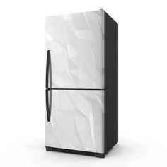 a white and black refrigerator freezer sitting on top of a counter next to a wall