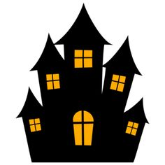 a black and yellow silhouette of a house with three windows on the top of it