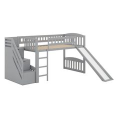 a gray loft bed with stairs and slide