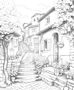 a pencil drawing of a street with stairs and trees