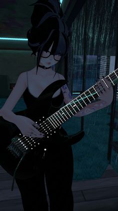 a woman in black dress playing an electric guitar