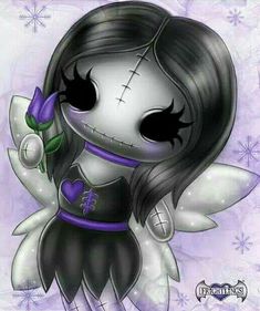 a drawing of a skeleton girl holding a purple flower in her hand with snowflakes on the background