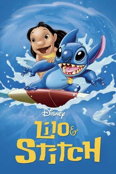 the character lilo and stitch is riding on a surfboard