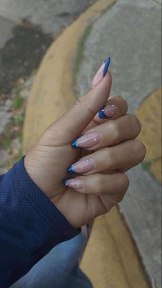 Royal Blue Chrome French Tip Nails, Nail Inspo Trendy Blue, Blue Oval Acrylic Nails, Cool Nail Inspo Almond, Nails To Go With Blue Dress, Nails Inspo Trendy 2023, Nails Inspiration 2024, Navy Nails Almond, Nail Inspo Trendy 2024