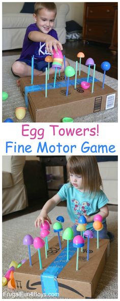 an egg towers game is shown in two different pictures, with the same child playing on it