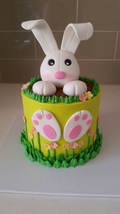 a cake decorated to look like a bunny sitting in the grass