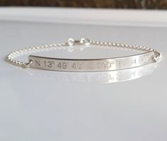 Coordinates Bracelet - Sterling Silver - Latitude Longitude Bar Bracelet - GPS… Cute Bridesmaids Gifts, Nameplate Bracelet, Bracelet Message, Latitude And Longitude, Coordinates Bracelet, Latitude Longitude, Wedding Spot, Hidden Message, Bar Bracelet