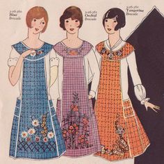 three women in dresses with different patterns on the front and back, one is wearing an apron