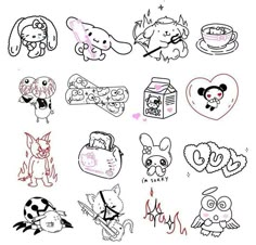 some drawings of different animals and food items