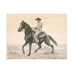 a drawing of a man riding on the back of a horse in an open field