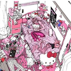 an image of a bedroom with hello kitty on the bed and many other stuff in it