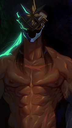 a man with no shirt wearing a mask and glowing green lights on his face is looking at the camera