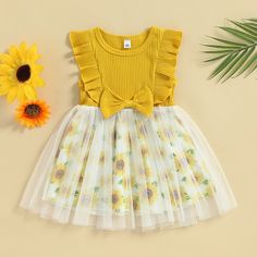 A lovely choice for your little sunshine! Get this adorable dress with a darling sunflower skirt, a tulle layer and cute ruffle sleeves - she is going to adore it and so will you! Sunflower Skirt, Frozen Elsa Dress, Party Photoshoot, Sunflower Dress, Yellow Bow, The Sunflower, Sunflower Print, Ruffled Sleeves, Ruffle Sleeves