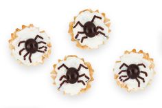 four cookies with white frosting and chocolate spider decorations