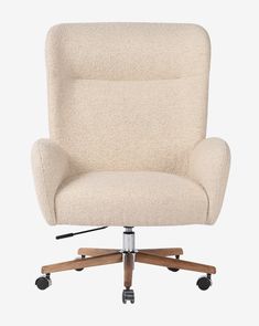 an office chair with wheels on the back and seat upholstered in beige fabric