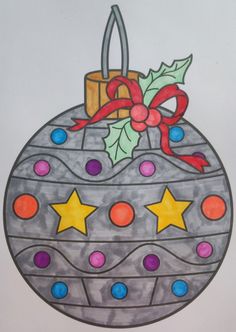 a drawing of a christmas ornament with presents on it