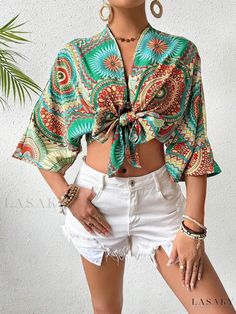 Lasaky - Batwing Sleeve Printed Short Top Beach Cover-up Embroidered Cami Top, Babydoll Tops, Women Tank Tops, Boho Green, Sleeves Clothing, Beach Tops, Crop Blouse, Batwing Sleeve, Women Tops