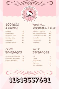 a menu for a cake shop with hello kitty on the front and pink lettering in black