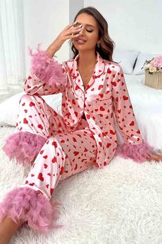 Get cozy in our Pink Valentine's Day pajama set! This playful set features a heart print and soft fur trim, perfect for snuggling up on a cold night. Show some love to yourself or a lucky lady in your life with these quirky and fun pajamas. XOXO! 100%polyester AS0021 Fuzzy Loungewear, Shirt Collar Styles, Best Pajamas, Traje Casual, Pink Valentines, Sweet Love, Weave Style, Satin Pajamas, Sleepwear Sets