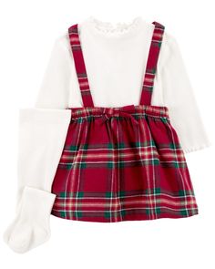 Baby 3-Piece Holiday Bodysuit & Plaid Skirtall Set - Carter's | Carter's Holiday Long Sleeve Sets For Fall, Plaid Long Sleeve Sets For Fall, Holiday Fall Sets With Long Sleeves, Fitted School Sets For Fall, Fitted Sets For School In Fall, Winter Plaid Long Sleeve Sets, Plaid Long Sleeve Winter Sets, Winter School Sets With Fitted Stretch, Fitted Long Sleeve Plaid Sets