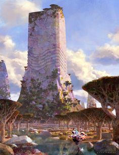 an artist's rendering of a futuristic city surrounded by trees and rocks, with the sky in the background