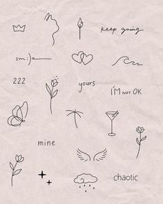 some drawings on paper with words and symbols in the middle one has a flower, two are