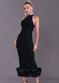 Expertly crafted with a halter neckline and a ruffle hem, this black cocktail dress is perfect for a night out. With a bodycon fit and midi length, it's an elegant and stylish choice. Elevate your look with this versatile and chic dress. Fabric: Medium Stretch Material: Polyester, Elastane Elegant Halter Neck Bodycon Evening Dress, Stretch Ruffled Midi Dress For Formal Occasions, Elegant Stretch Midi Dress With Ruffle Hem, Formal Stretch Midi Dress With Ruffles, Stretch Midi Dress With Ruffles For Formal Occasions, Fitted Midi Dress With Ruffle Hem For Evening, Elegant Stretch Maxi Dress With Ruffles, Elegant Ruffle Hem Maxi Dress For Party, Elegant Party Maxi Dress With Ruffle Hem