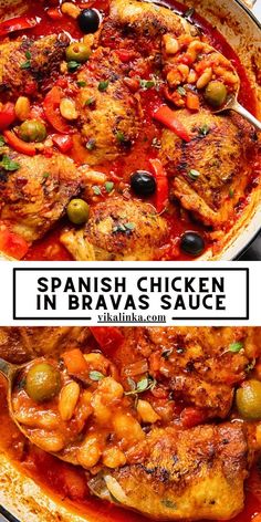 spanish chicken in brava sauce with olives and tomatoes