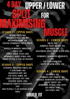 a poster for the 4 day upper / lower split for maximusing musclee program