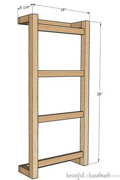 a wooden shelf with measurements for the top and bottom shelves on each side, showing how to