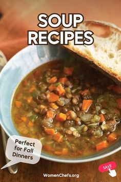 A close-up of a bowl of hearty lentil soup with carrots and vegetables, served with a slice of rustic bread. Text reads "Soup Recipes" and "Perfect for Fall Dinners." Lentil Soup Recipe Easy, Lentil Soups, Easy Lentil Soup, Vegetarian Lentil Soup, Soup Recipe Easy, Lentil Vegetable Soup, Fall Dinners, Lentil Soup Recipe, Lentil Soup Recipes