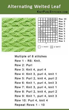 the knitting pattern is shown in green and has four rows of stitches on each side