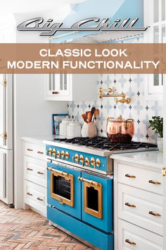 a blue stove top oven sitting inside of a kitchen next to white cabinets and counter tops