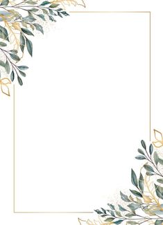 a square frame with leaves and branches in gold, green and white on a white background