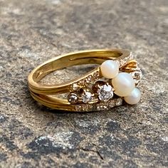 Antique Pearl & Diamond Ring sold by Doyle and Doyle an antique and vintage jewelry boutique Three Diamond Ring, Pearl Diamond Ring, Pearl And Diamond Ring, Antique Diamond Rings, Sapphire Diamond Ring, Pearl Diamond, Rose Cut Diamond, Sapphire Diamond, Antique Rings