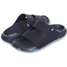 Navy Non-slip Beach Sandals, Navy Beach Slides With Cushioned Footbed, Navy Cushioned Open Toe Slides, Adjustable Blue Comfortable Slides, Comfortable Adjustable Blue Slides, Navy Non-slip Sandals For Summer, Navy Synthetic Slides For Beach, Navy Non-slip Slip-on Sandals, Navy Outdoor Sandals With Cushioned Footbed