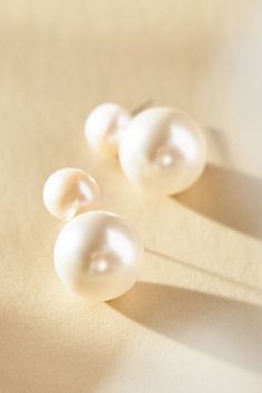 Slip on the Double Pearl Drop Earrings to elevate your look with effortless sophistication. | Double Pearl Drop Earrings by Anthropologie in White, Women's, Brass/Glass Double Pearl Drop Earrings, Wedding Earrings Strapless Dress, Pearl Jewelry Bridal, Cute Pearl Earrings, Chunky Pearl Earrings, Timeless Pearl Earrings, Pearl Branding, Earring For Bride, Mother Of The Bride Earrings