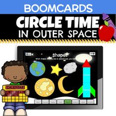 a book cover with an image of a boy holding a sign that says, boomcards circle time in outer space