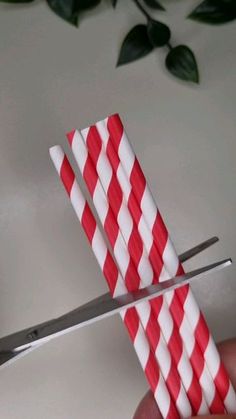 two red and white striped straws being cut with scissors