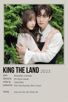 a man and woman hugging each other in front of green plants with the words king the land on it