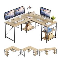 three computer desks with two monitors and one keyboard on top of each other, all in different positions