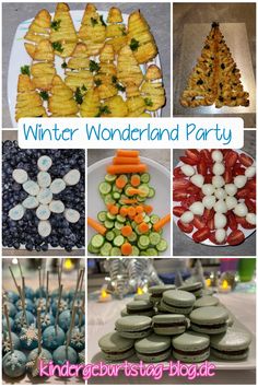 a collage of different foods and desserts with words winter wonderland party on it