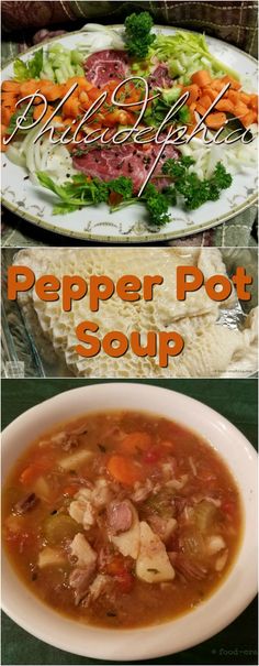 two pictures with different types of food in them and the words happy birthday pepper pot soup