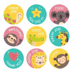 some animals are in the circle with words and phrases on each one piece of stickers