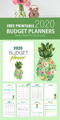 the free printable budget planner is shown with flowers and a pineapple on it